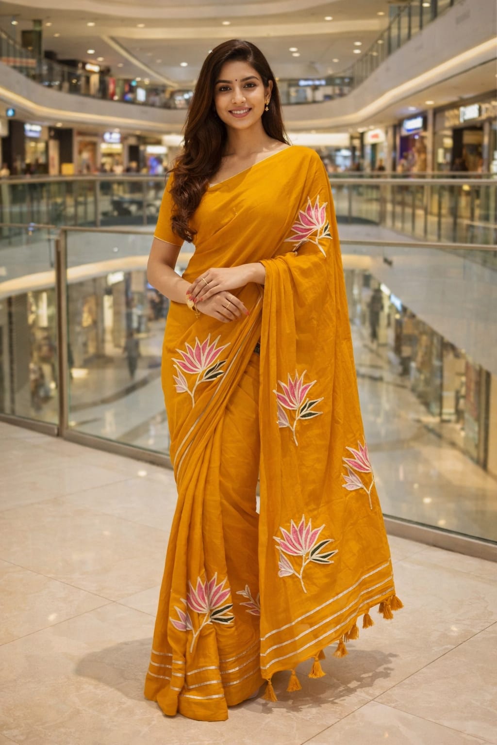 orange lotus flower zari print mul cotton saree