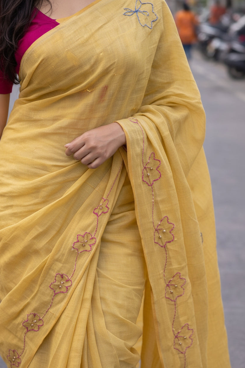 Yellow embroidery mul cotton saree
