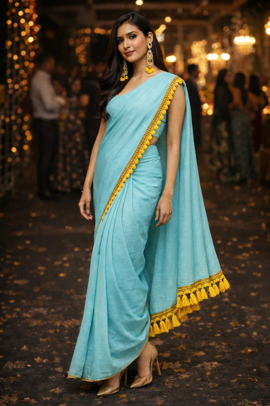 Sky blue mul cotton saree