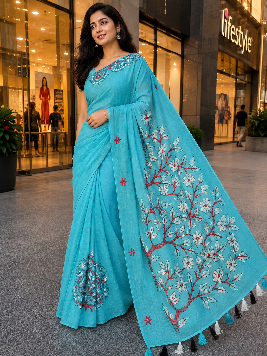 Green Embroidery mul cotton saree