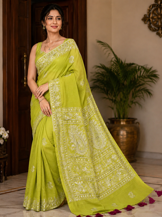 Green chickankari mul cotton saree