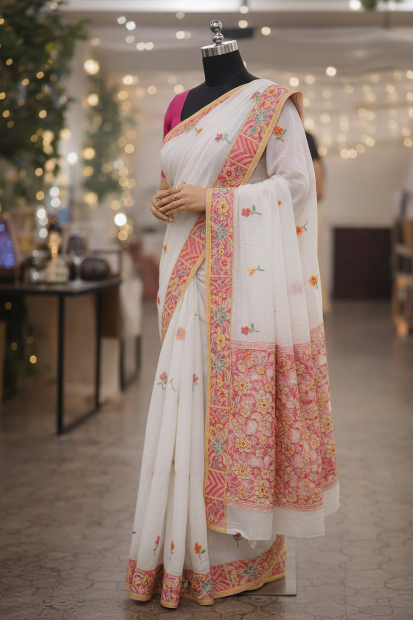 White Embrodery Mul Cotton saree
