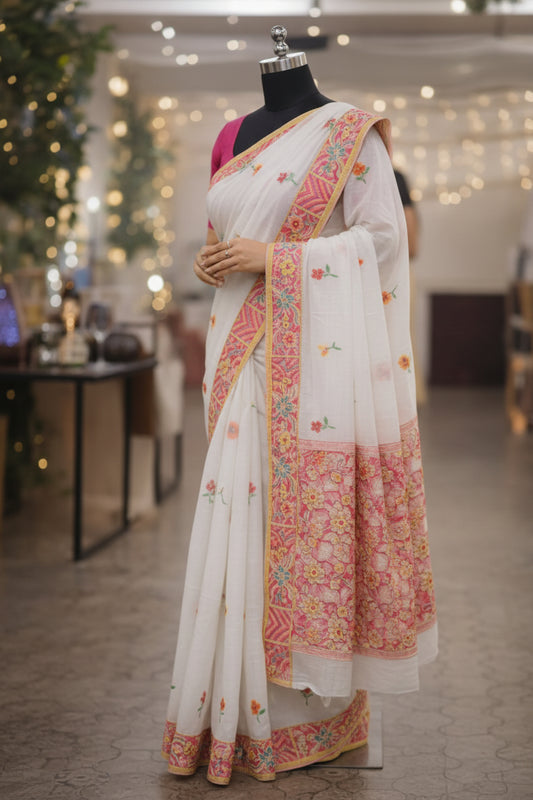 White Embrodery Mul Cotton saree