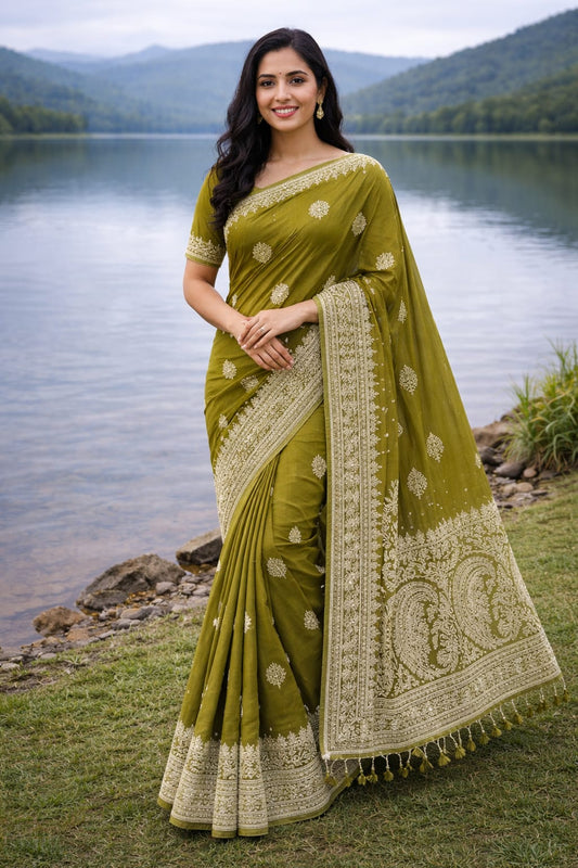 green chickenkari mul cotton saree