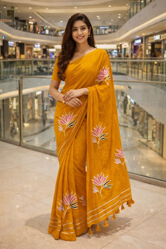 orange lotus flower zari print mul cotton saree