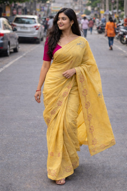 Yellow embroidery mul cotton saree